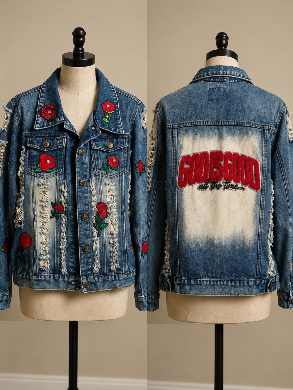 Embroidered Rose Distressed Denim Jacket with 'GOOD IS GOOD' Back Patch